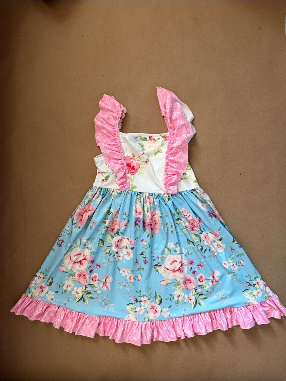 Floral Ruffle Strap Kids Dress in Blue and Pink shabby chic floral super soft